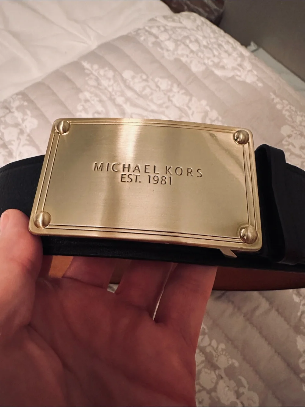 Michael Kors Black Genuine Leather Belt with Gold Plaque Buckle